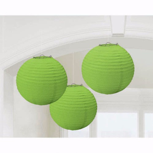 Vibrant lime green round paper lanterns (24cm) - pack of 3, perfect for festive decorations and creating a warm ambiance.