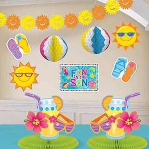 Bright summer decorating kit with sun and flip flop cutouts, garland, and honeycomb centerpieces for cheerful celebrations.