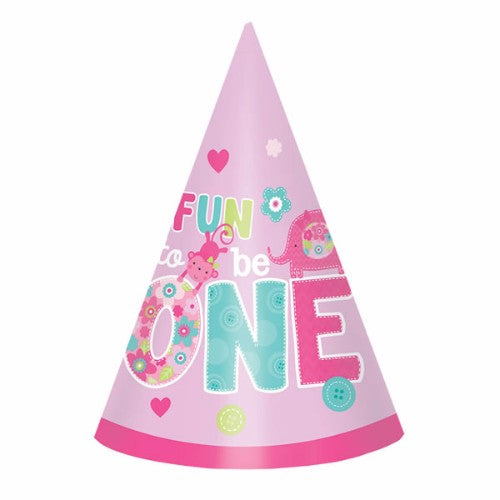 Colorful cardboard cone hats featuring wild animal themes, ideal for a 1st birthday celebration, pack of 8.