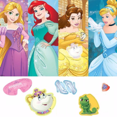 Colorful Princess Dream Big Party Game set for kids, featuring a poster, stickers, and blindfold for imaginative fun.
