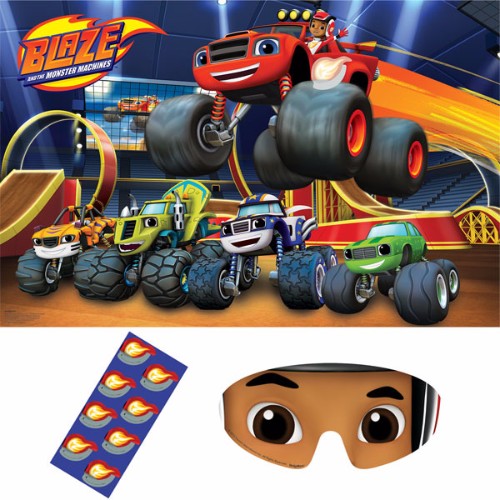 Blaze & The Monster Machines Party Game with large board, stickers, and blindfold for fun family play.