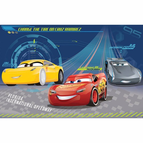 Colorful Cars 3 Party Game set with poster, stickers, and blindfold for 2-8 players, ideal for kids' celebrations.
