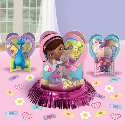 Colorful Doc McStuffins Table Decorating Kit with centerpieces and confetti for themed birthday parties and celebrations.
