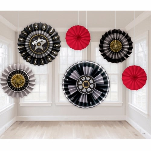 Vibrant Hollywood-themed paper fans in various sizes, perfect for events and photo ops, enhancing any celebration's decor.