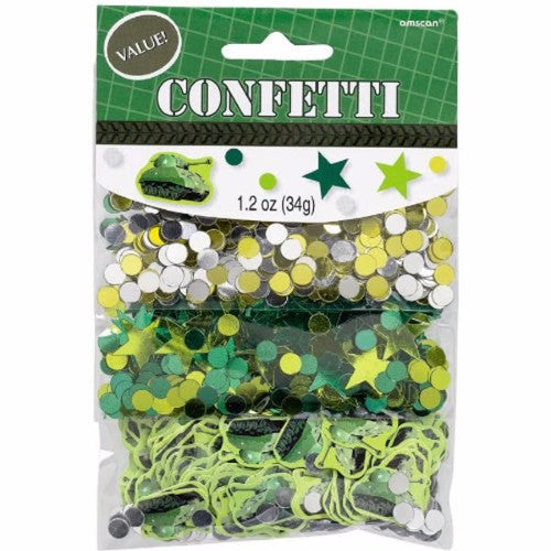 "Colorful camouflage confetti in assorted shapes, perfect for enhancing parties and craft projects."