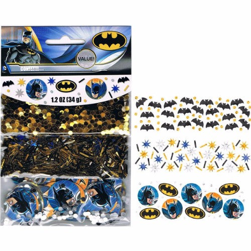 Batman Confetti Value Pack featuring vibrant foil and cardboard pieces in iconic shapes, perfect for superhero-themed celebrations.