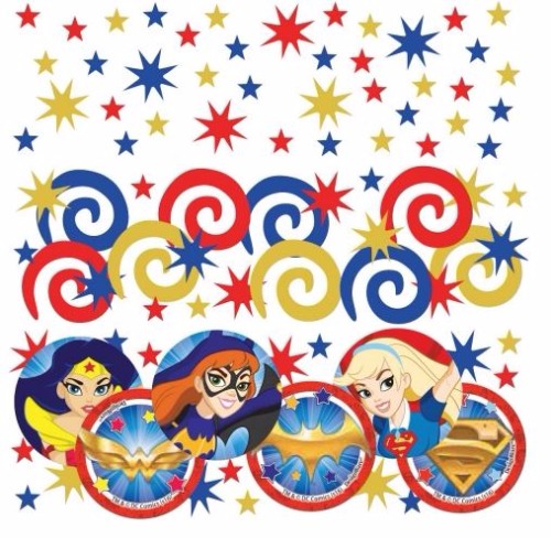 Colorful Super Hero Girls confetti pack featuring paper and foil shapes for vibrant party decorations, ideal for all celebrations.