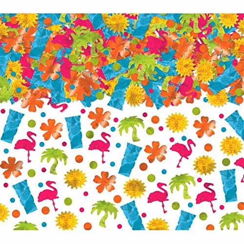 Vibrant tropical confetti mix featuring Tiki designs, flamingos, palm trees, and flowers, perfect for festive celebrations.