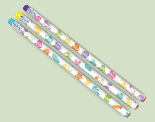 Colorful pack of 12 baby shower pencils with fun eraser ends, perfect for interactive games and celebrations.