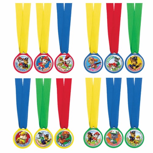 Colorful Paw Patrol plastic medallions featuring Chase, Marshall, and Skye, perfect for parties and creative play, pack of 12.