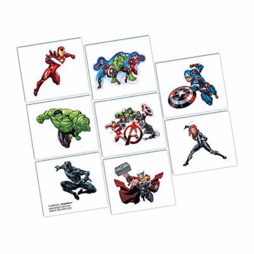 Colorful pack of 8 Avengers temporary tattoos featuring iconic superheroes, safe and water-resistant for all skin types.