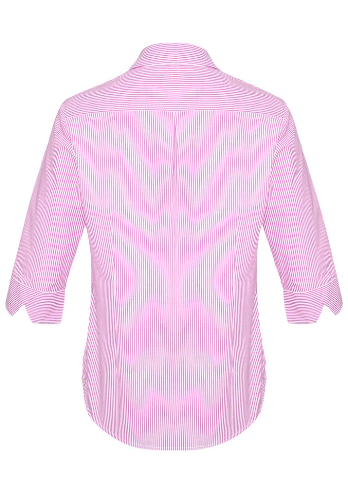 Advatex Ladies Lindsey 3/4 Sleeve Shirt in Melon features yarn-dyed stripes, side splits, and a front pocket for business casual style.