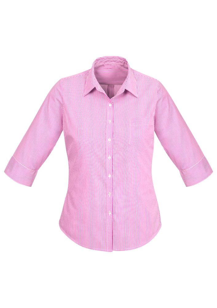 Advatex Ladies Lindsey 3/4 Sleeve Shirt in Melon, featuring yarn-dyed stripes, side splits, and a chic open neck design.