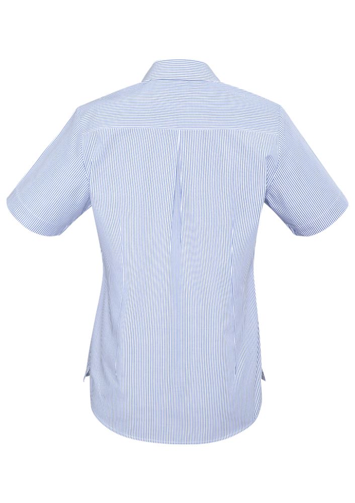 Stylish blue short sleeve shirt with yarn-dyed stripes, open neck, and front pocket for versatile women's wardrobe.