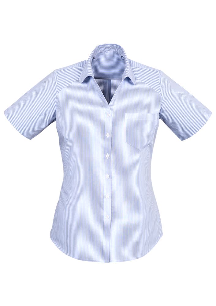 Advatex Ladies Lindsey Short Sleeve Shirt in blue, size 4, featuring yarn-dyed stripes, open neck, side splits, and front pocket.