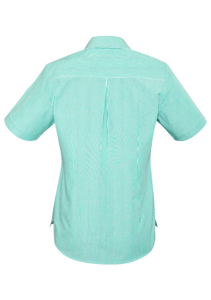 Advatex Ladies Lindsey Short Sleeve Shirt in Dynasty Green, featuring stripes, a semi-fitted silhouette, and front pocket for style and function.
