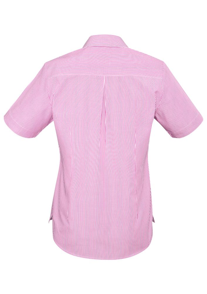 Alt text: "Advatex Ladies Lindsey Short Sleeve Shirt in melon, featuring side splits, a pocket, and a stylish semi-fitted design."