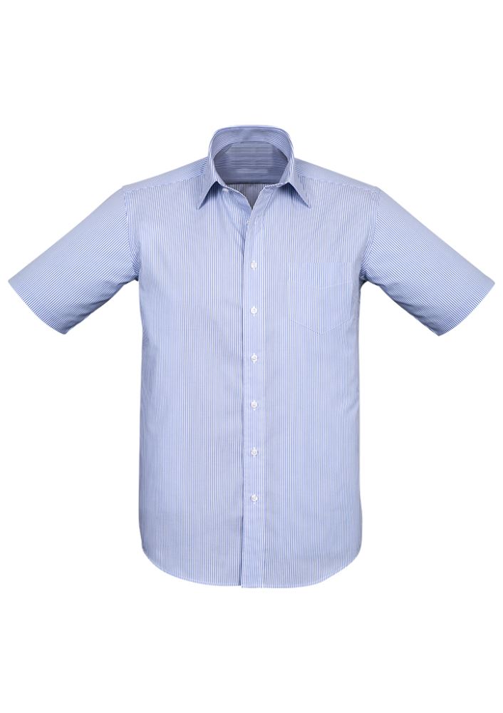 Advatex Men's Lindsey Short Sleeve Shirt in blue, featuring a yarn-dyed stripe, front pocket, and action back pleats for comfort.