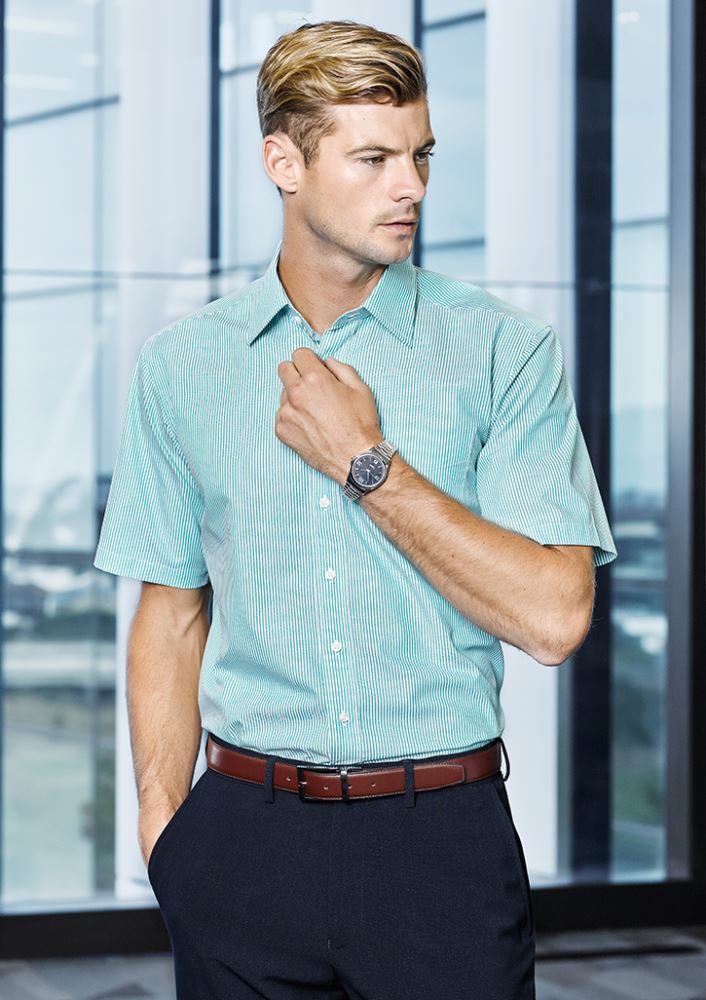 Advatex Men's Lindsey Short Sleeve Shirt in Dynasty Green, featuring yarn dyed stripes, action back pleats, and a front pocket.