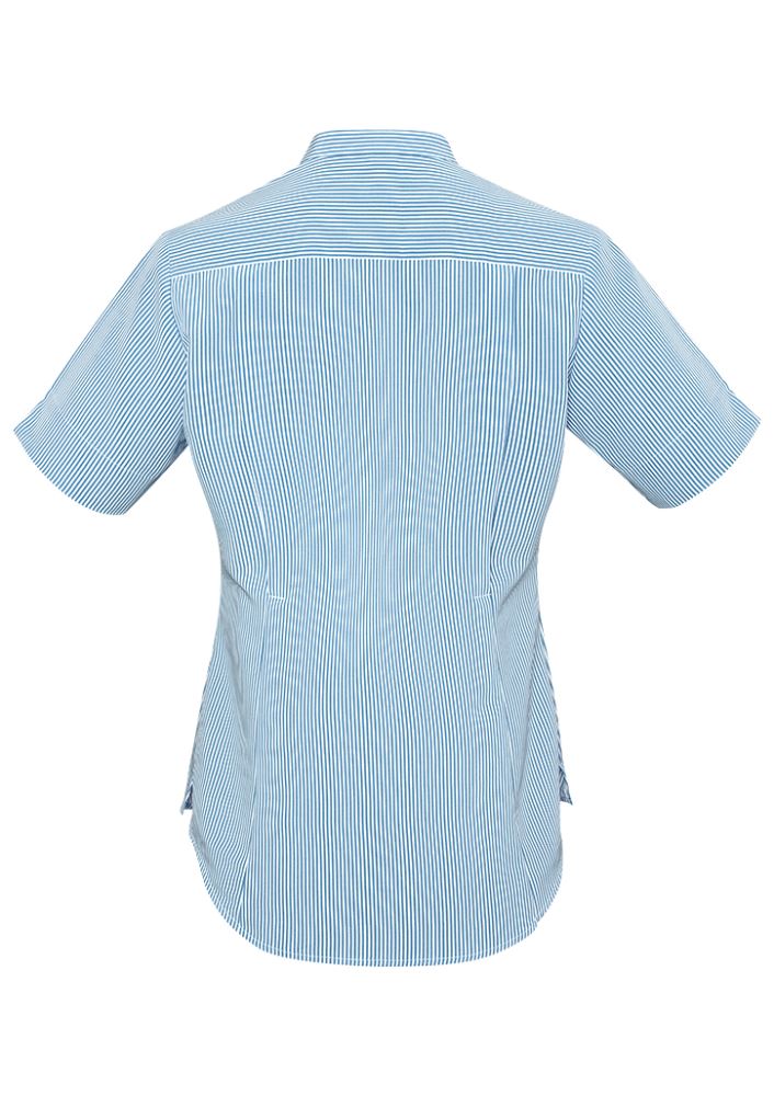 Advatex Ladies Toni Short Sleeve Shirt in blue, featuring a stand collar, front pocket, and breathable polyester fabric.