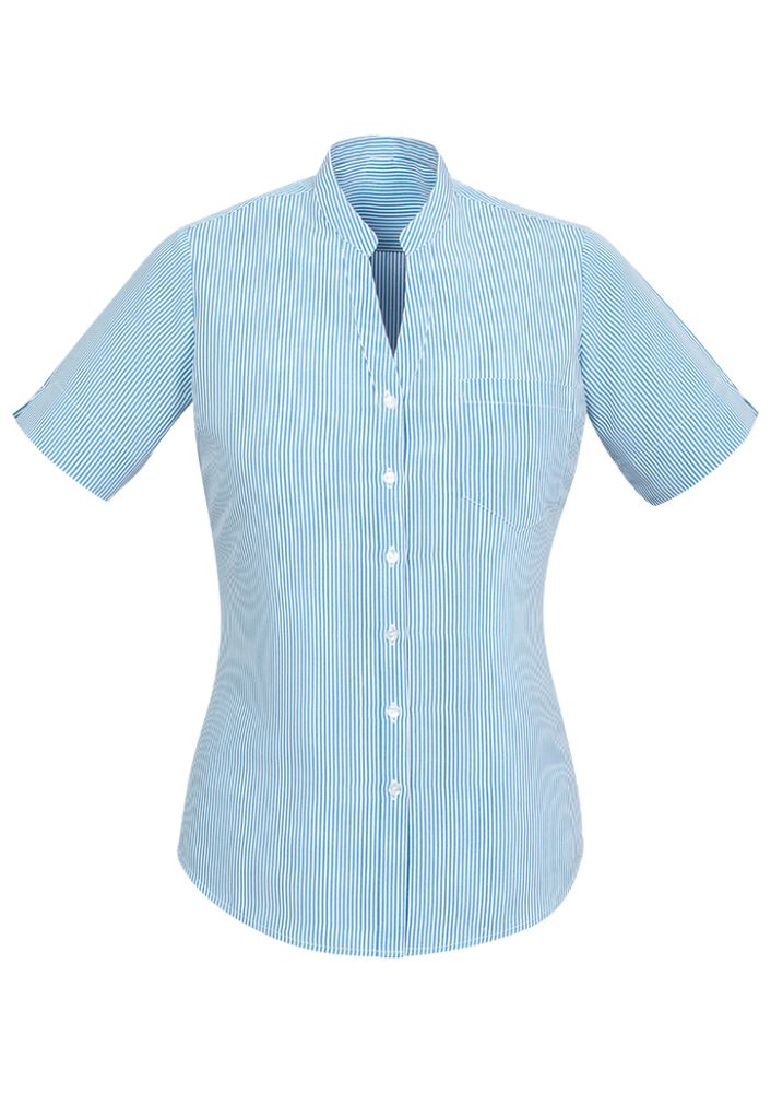 Advatex Ladies Toni Short Sleeve Shirt in blue, featuring a stand collar, pleated back, and front pocket for versatile comfort.