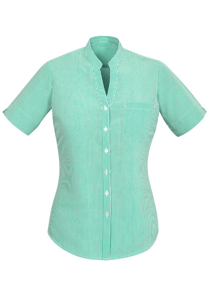 Advatex Ladies Toni Short Sleeve Shirt in Dynasty Green with a chic stripe design, stand collar, and practical front pocket.