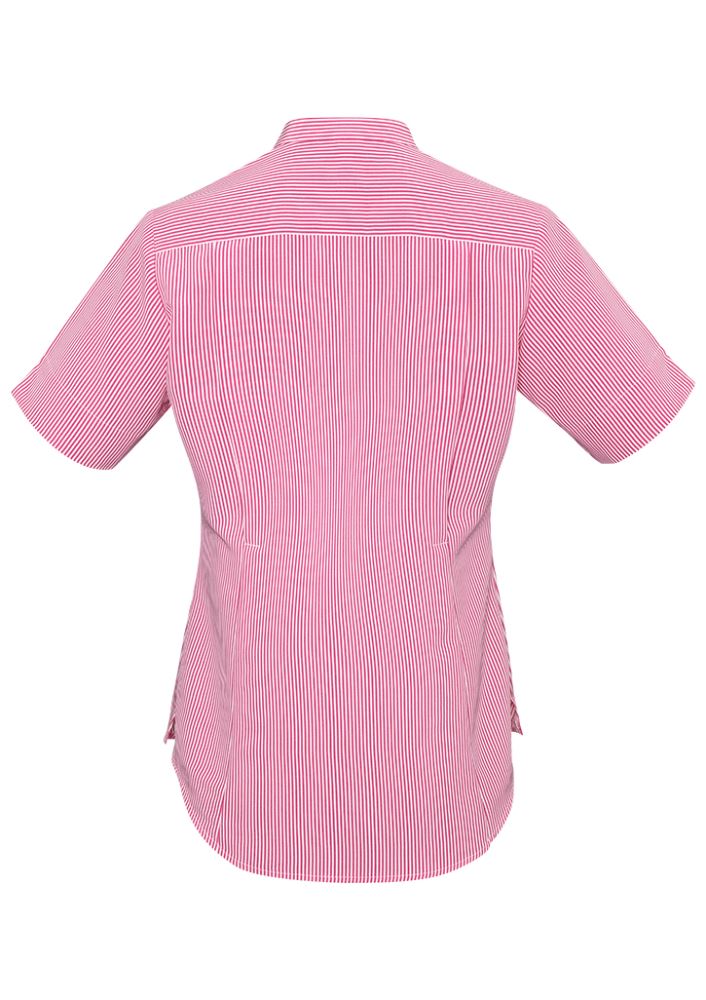 Advatex Ladies Toni Short Sleeve Shirt in Melon with stylish stripes, open neck, and front pocket for chic business casual wear.