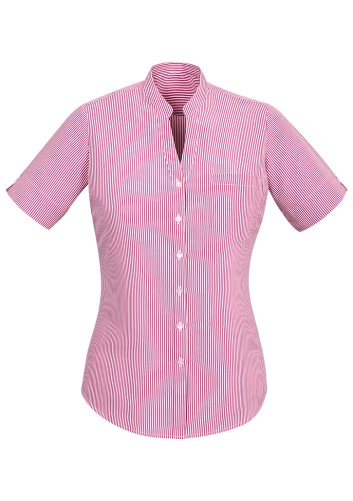 Advatex Ladies Toni Short Sleeve Shirt in Melon, featuring a semi-fitted design, stand collar, and front pocket for style and comfort.
