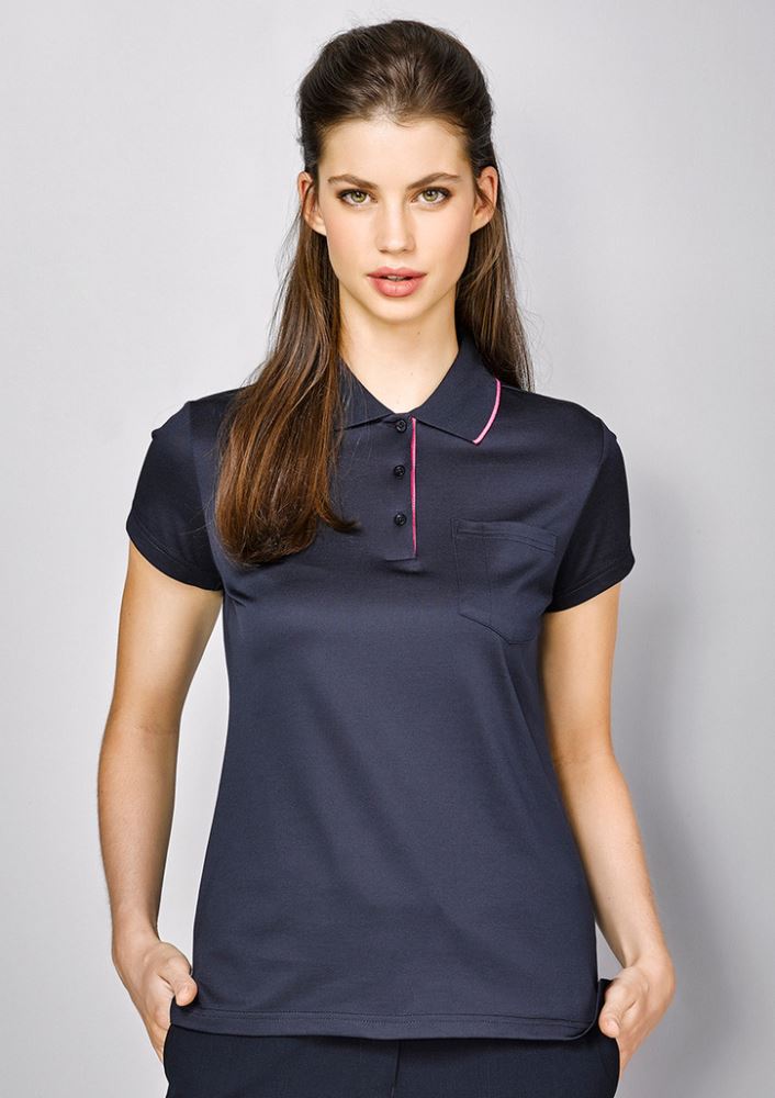 Navy/blue Advatex Ladies Swindon Polo, size 16, featuring cotton blend fabric, front pocket, and chic contemporary style.
