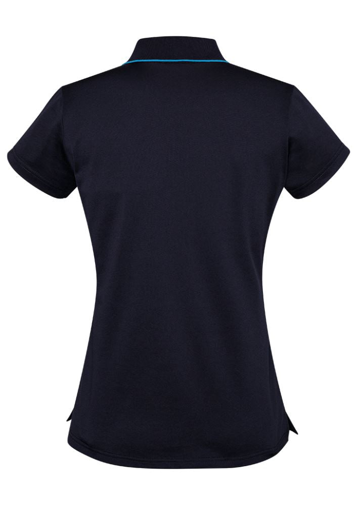 Navy/Blue Advatex Ladies Swindon Polo featuring soft cotton blend, contemporary style, and a practical front pocket.