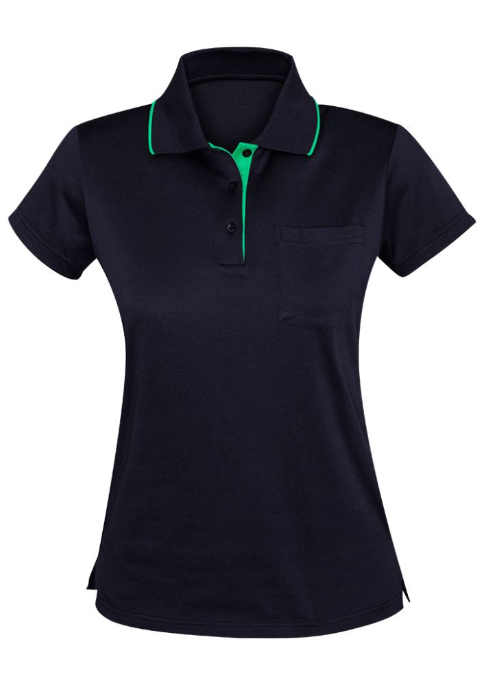 Navy and Dynasty Green Advatex Ladies Swindon Polo with front pocket, crafted from breathable cotton-poly blend for style and comfort.