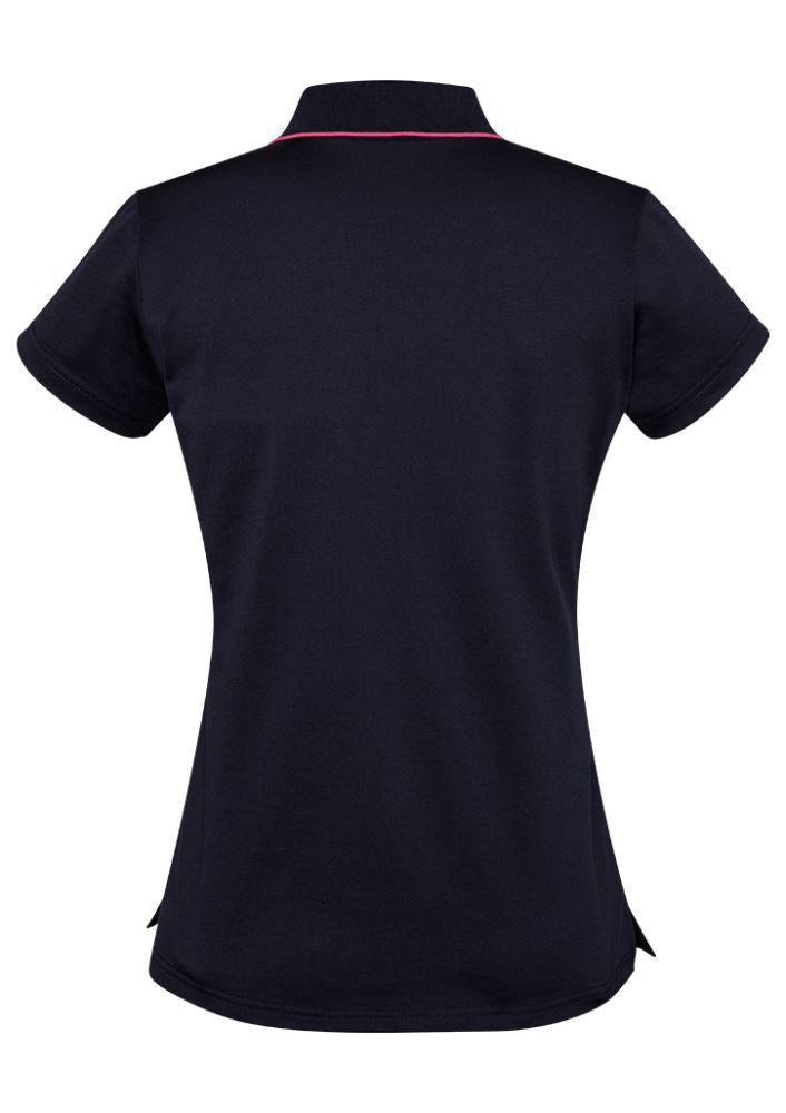 Navy and Melon Advatex Ladies Swindon Polo, size 12, featuring a front pocket and crafted from a soft cotton-polyester blend.