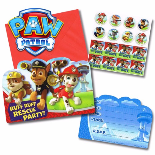 Colorful Paw Patrol birthday invitations featuring Chase, Marshall, and Skye with matching envelopes and seals. Pack of 8.