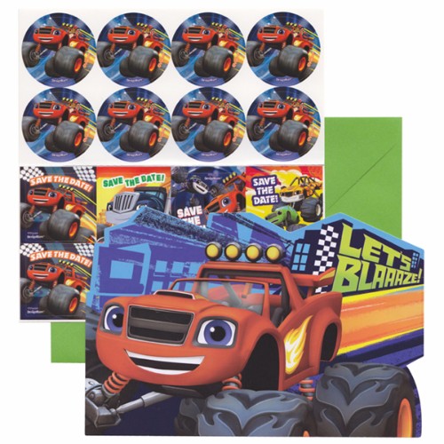 Colorful Blaze & The Monster Machines invitations with matching envelopes and 'Save the Date' stickers for a birthday party.