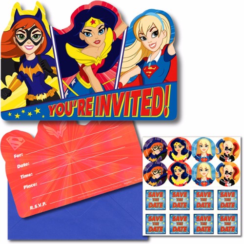Vibrant Super Hero Girls invitations pack of 8, perfect for birthday parties and themed events, includes envelopes and stickers.