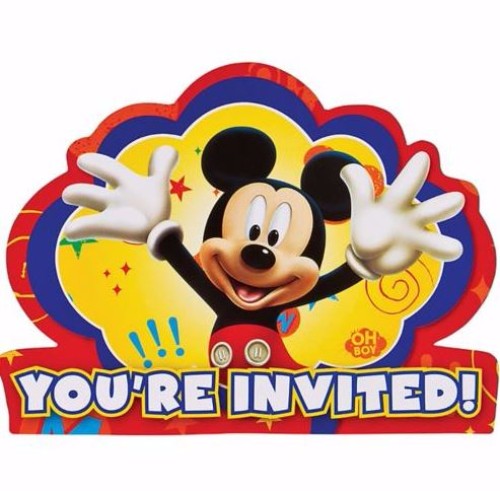Mickey Mouse invitations pack of 8 with colorful designs, envelopes, save the date stickers, and seals for festive celebrations.