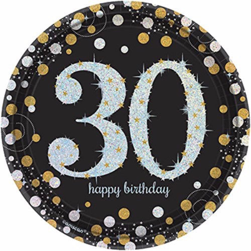 Elegant black birthday dinner plates with gold and silver accents, perfect for stylish celebrations - pack of 8, 23cm diameter.