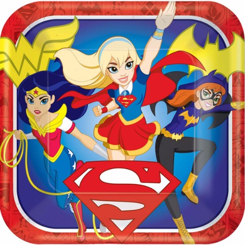Colorful square dinner plates featuring Super Hero Girls, perfect for vibrant birthday parties and celebrations. Pack of 8.