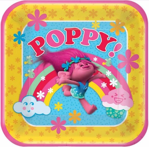 Vibrant square paper dinner plates featuring Poppy from Trolls, ideal for parties and easy cleanup, pack of 8.
