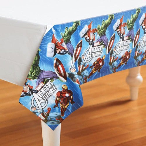 Colorful Avengers-themed plastic table cover, 137cm x 243cm, perfect for kids' parties and superhero celebrations.