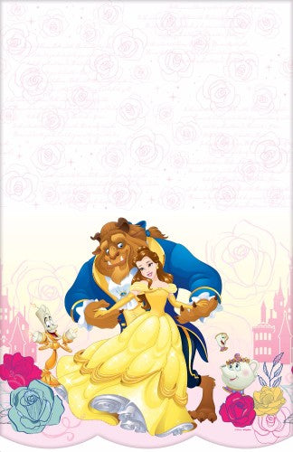 Enchanting Beauty & The Beast plastic tablecover, 137cm x 243cm, perfect for themed parties with vibrant character designs.