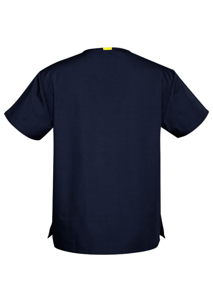 Navy unisex scrub top by Advatex, XL size, featuring a loose fit and durable 65% polyester, 35% cotton fabric.