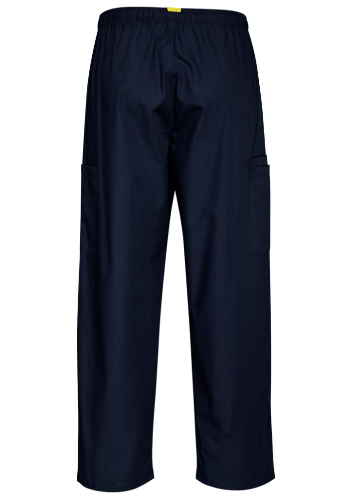 Navy unisex Johnson scrub pants made from a durable polyester-cotton blend, featuring a loose fit for comfort during long shifts.