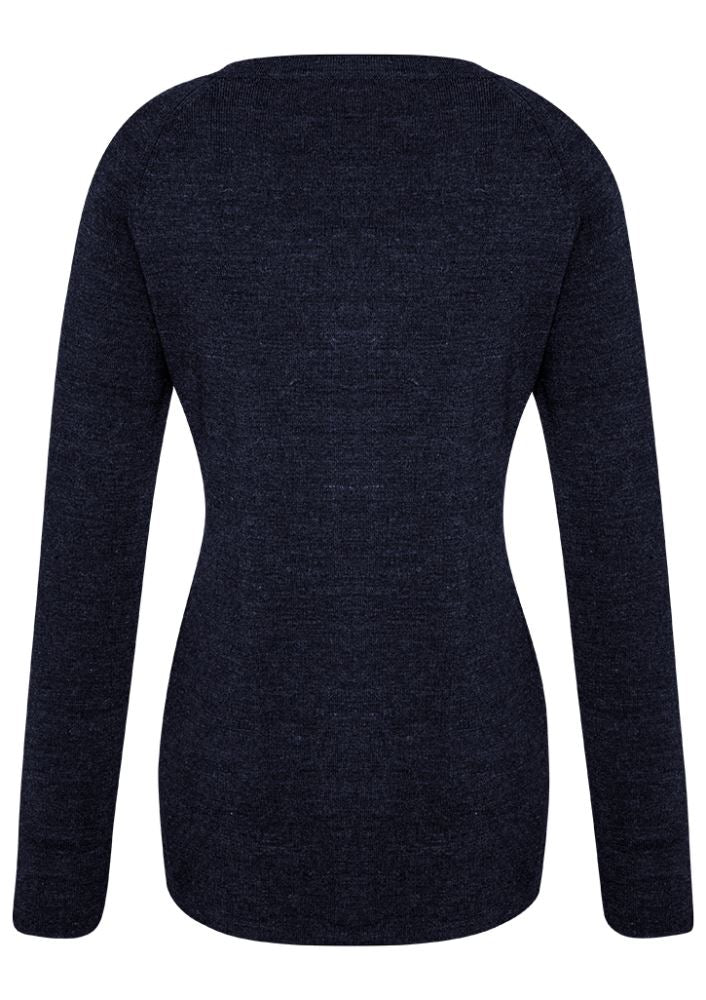 Navy Advatex Ladies Varesa Cardigan in medium, featuring wool blend, front pockets, and a polished tubular hem.