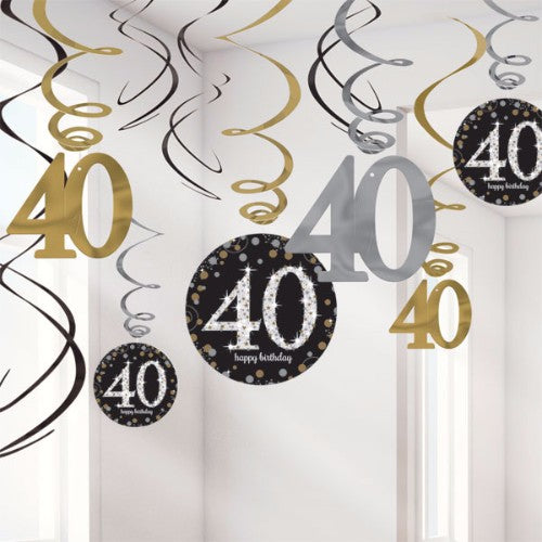 Sparkling Black 40th Birthday Hanging Swirls - Pack of 12
