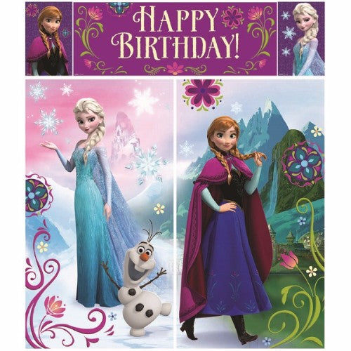 "Pack of 5 Frozen Scene Setter wall decorations featuring large and small winter-themed backdrops for festive celebrations."