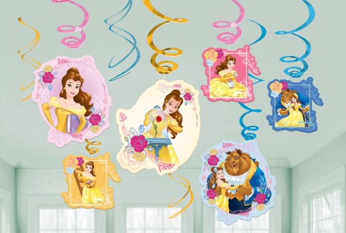 Whimsical Beauty and the Beast hanging swirl decorations in a pack of 12, perfect for themed parties and magical gatherings.