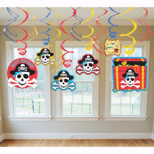 Vibrant pirate-themed hanging swirls in a value pack, perfect for parties and events, enhancing decor with playful motifs.