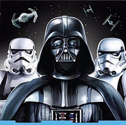 Pack of 16 Star Wars luncheon napkins featuring iconic characters, perfect for themed parties and easy cleanup.