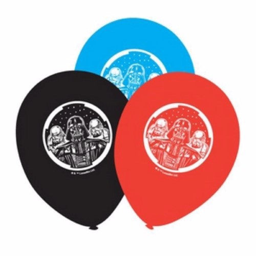 Star Wars Classic Latex Balloons in black, blue, and red, measuring 23cm, ideal for themed parties and decorations. Pack of 6.